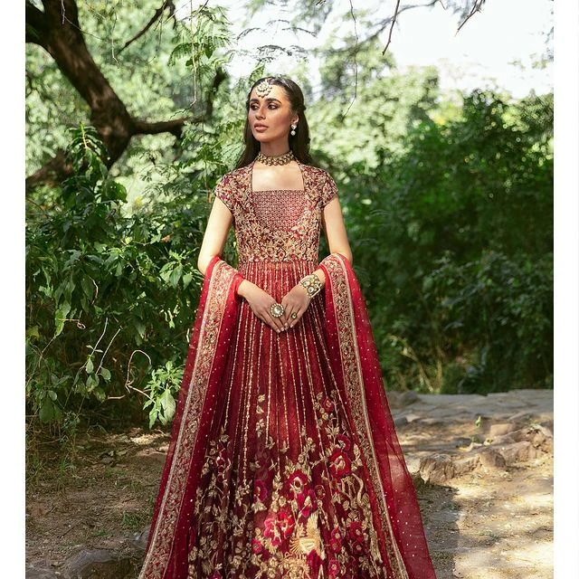 Pakistani Red Dress In Bridal Lehenga Gown Style #BS761 3 Pakistani Red Dress In Bridal Lehenga Gown Style #BS761