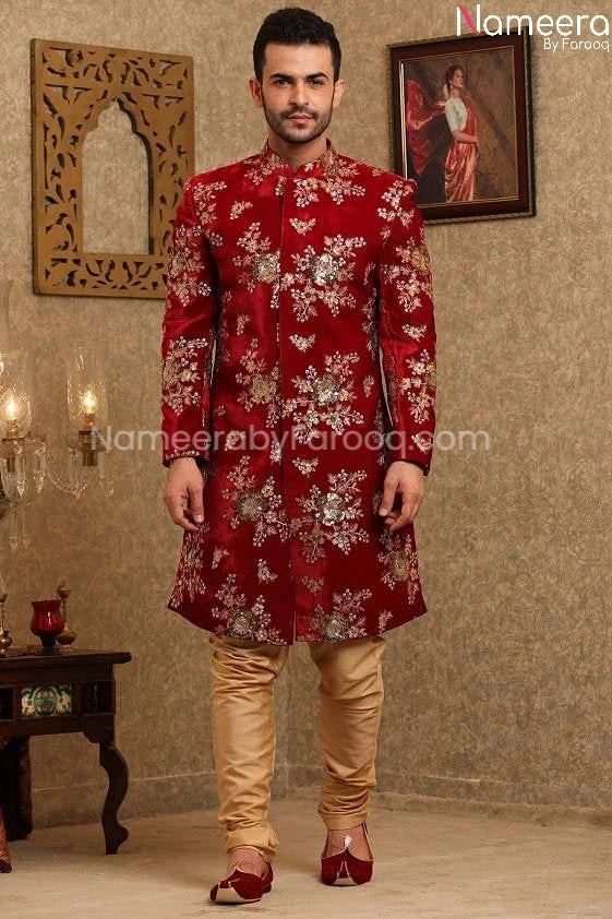 Pakistani Red Velvet Sherwani For Wedding Online #GR89 3 Pakistani Red Velvet Sherwani For Wedding Online #GR89