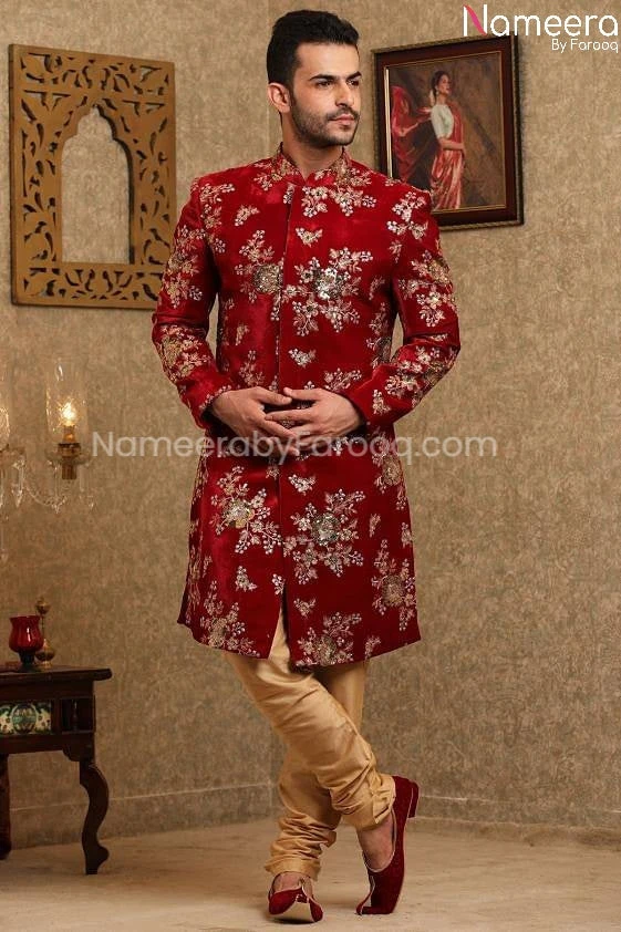 Pakistani Red Velvet Sherwani For Wedding Online #GR89 5 Pakistani Red Velvet Sherwani For Wedding Online #GR89 - Image 3