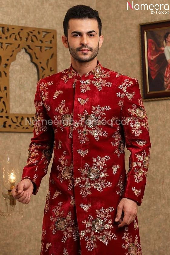 Pakistani Red Velvet Sherwani For Wedding Online #GR89 4 Pakistani Red Velvet Sherwani For Wedding Online #GR89 - Image 2