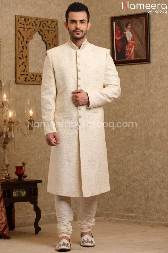 Pakistani Sherwani Wedding In Off White Color #GR91 3 Pakistani Sherwani Wedding In Off White Color #GR91