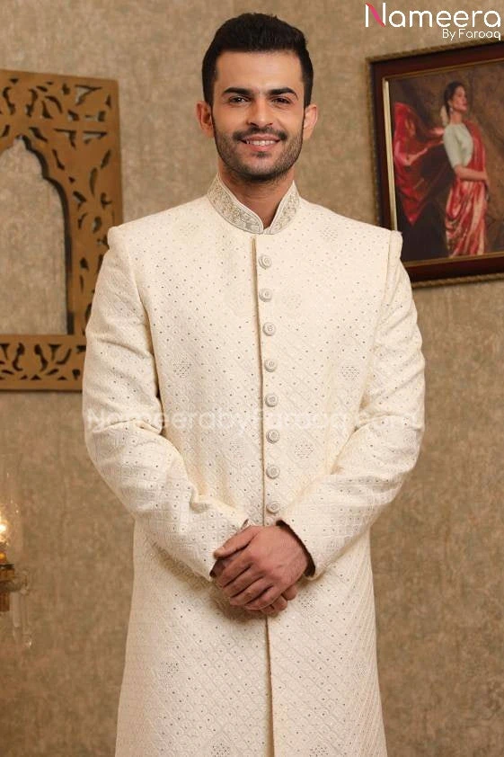 Pakistani Sherwani Wedding In Off White Color #GR91 4 Pakistani Sherwani Wedding In Off White Color #GR91 - Image 2