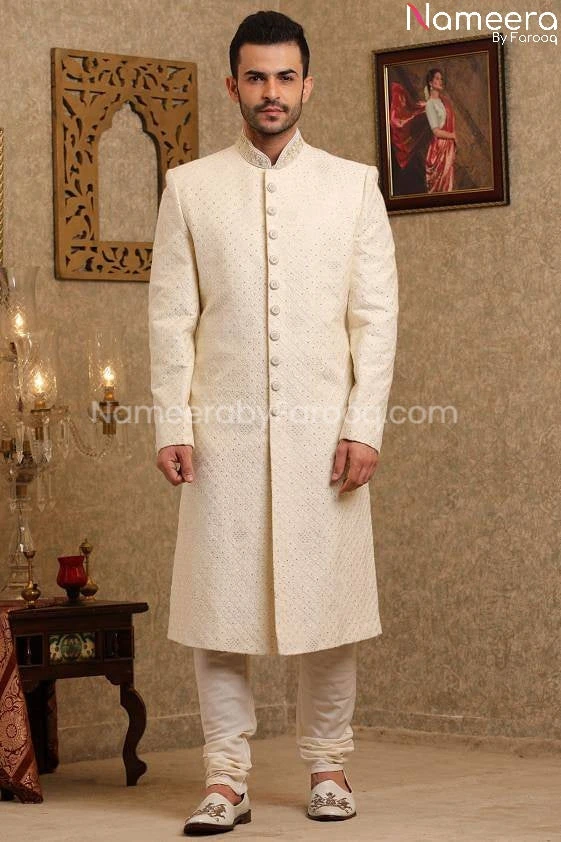 Pakistani Sherwani Wedding In Off White Color #GR91 5 Pakistani Sherwani Wedding In Off White Color #GR91 - Image 3
