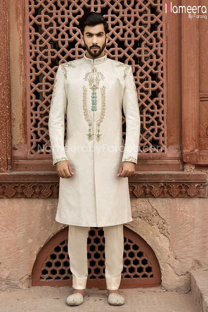Pakistani Sherwani For Men In Off White Color #GR64 3 Pakistani Sherwani For Men In Off White Color #GR64