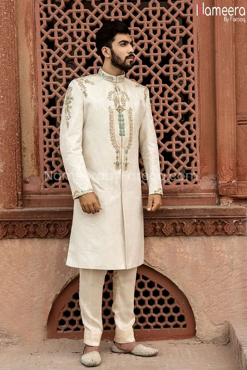 Pakistani Sherwani For Men In Off White Color #GR64 4 Pakistani Sherwani For Men In Off White Color #GR64 - Image 2