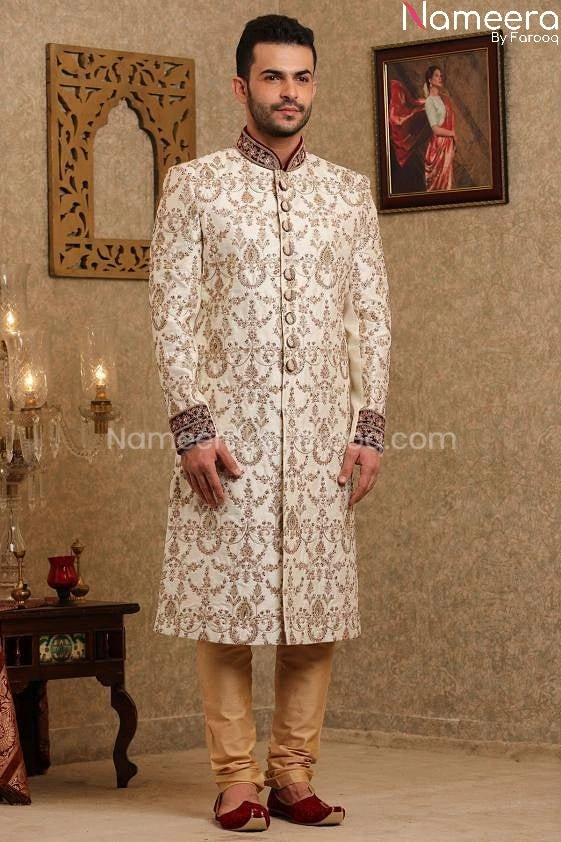Pakistani Off White Sherwani For Groom Online #GR82 5 Pakistani Off White Sherwani For Groom Online #GR82 - Image 3