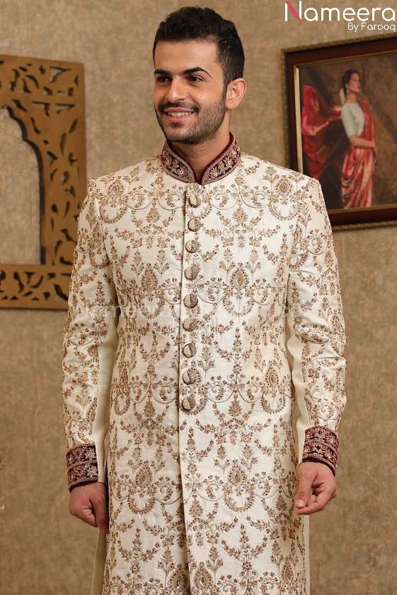 Pakistani Off White Sherwani For Groom Online #GR82 4 Pakistani Off White Sherwani For Groom Online #GR82 - Image 2
