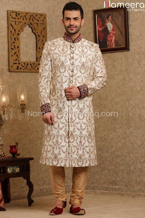 Pakistani Off White Sherwani For Groom Online #GR82 3 Pakistani Off White Sherwani For Groom Online #GR82