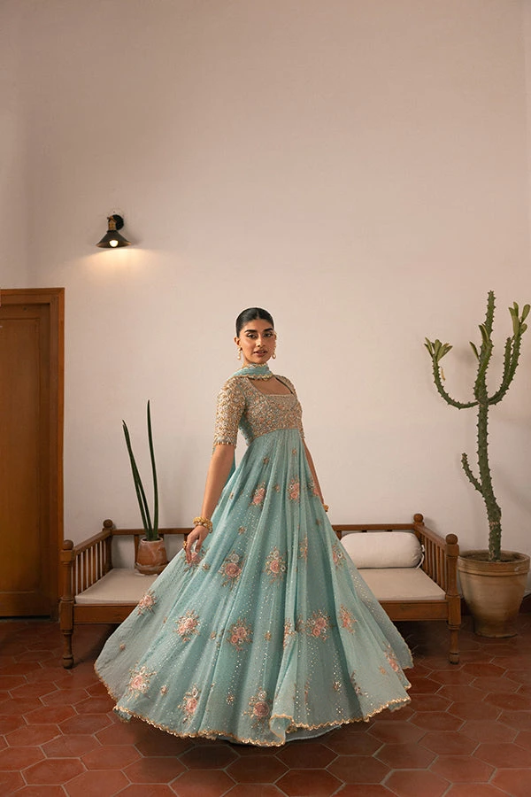 Pakistani Wedding Dress In Blue Pishwas Frock Style 6 Pakistani Wedding Dress In Blue Pishwas Frock Style - Image 4