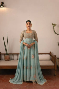 Pakistani Wedding Dress In Blue Pishwas Frock Style