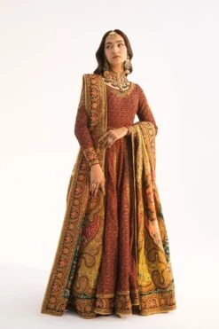Pakistani Wedding Dress In Maroon Anarkali Frock Style