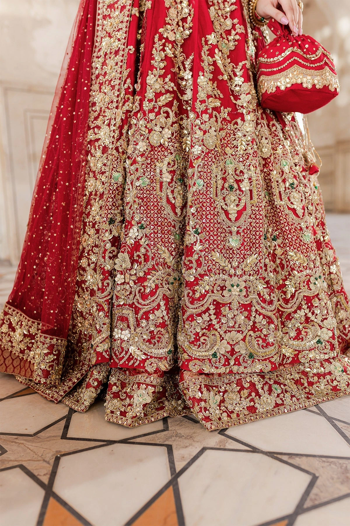 Pakistani Wedding Dress In Red Net Gown Lehenga Style 5 Pakistani Wedding Dress In Red Net Gown Lehenga Style - Image 3