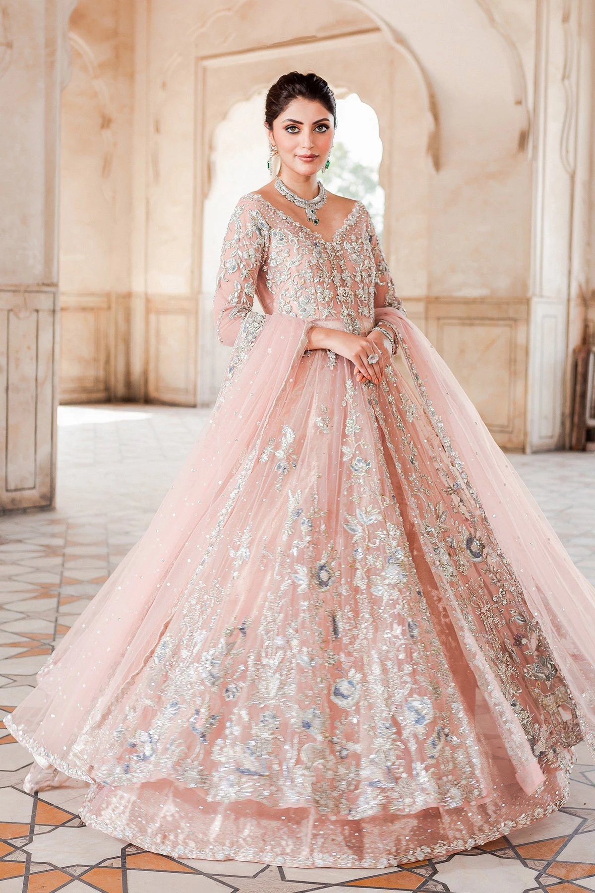 Pakistani Wedding Dress In Soft Pink Gown Lehenga Style 3 Pakistani Wedding Dress In Soft Pink Gown Lehenga Style