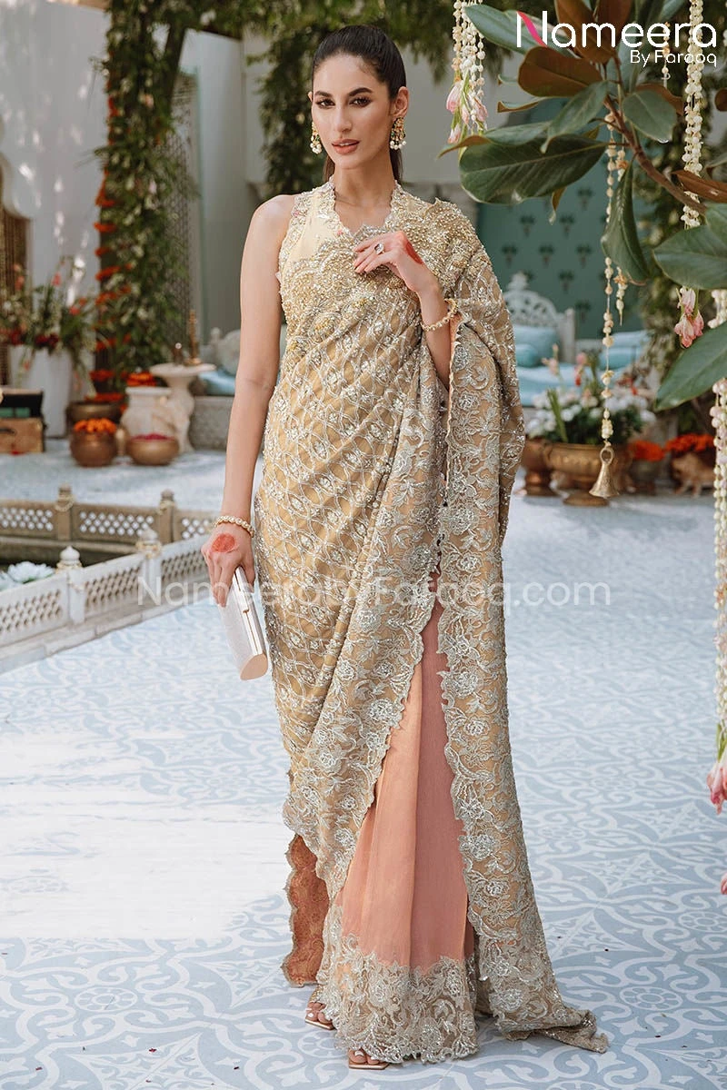 Pakistani Wedding Saree Bridal Dress In Gold #BS685 3 Pakistani Wedding Saree Bridal Dress In Gold #BS685