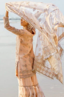 Pakistani Bridal Dress Beige Peach Embellished Kameez Sharara -LuxPak Bridal Studio Store Pakistani Bridal Dress Beige Peach Kameez Sharara