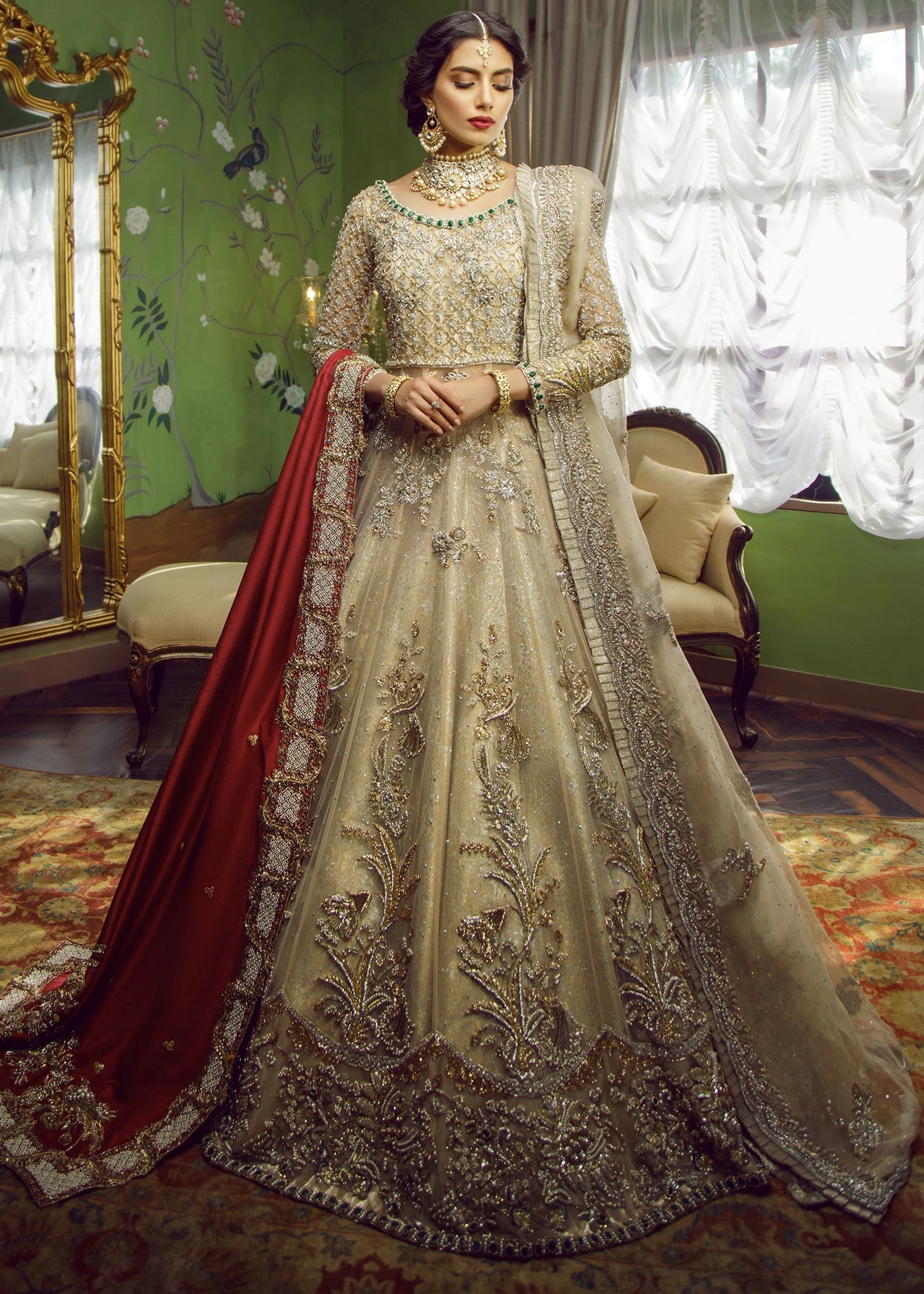 Pakistani Bridal Dress Beige Pishwas And Dupatta Style 3 Pakistani Bridal Dress Beige Pishwas And Dupatta Style