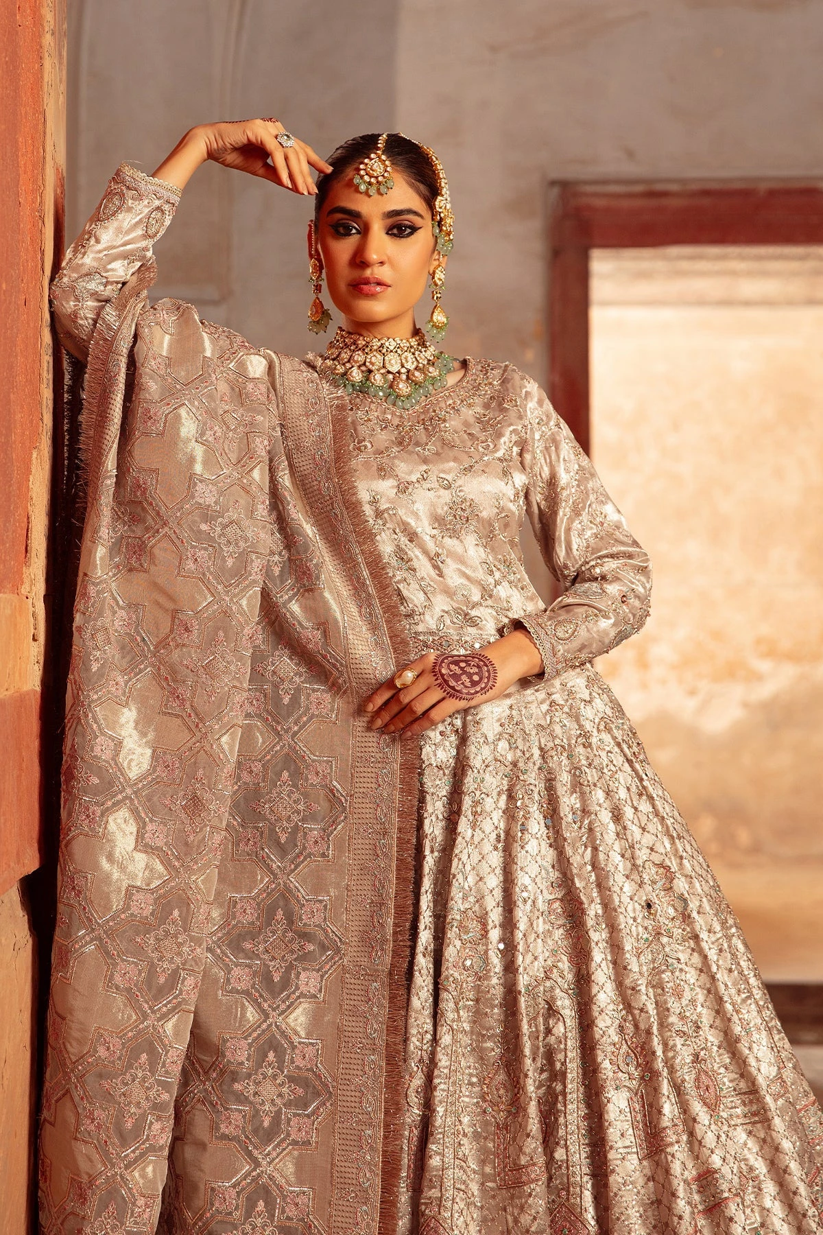 Pakistani Bridal Dress Copper Peach Lehenga Choli - Image 2