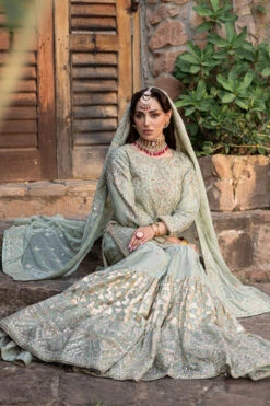 Pakistani Bridal Dress Pistachio Green Short Shirt With Gypsy Gharara -LuxPak Bridal Studio Store Pakistani Bridal Dress Green Short Shirt with Gypsy Gharara