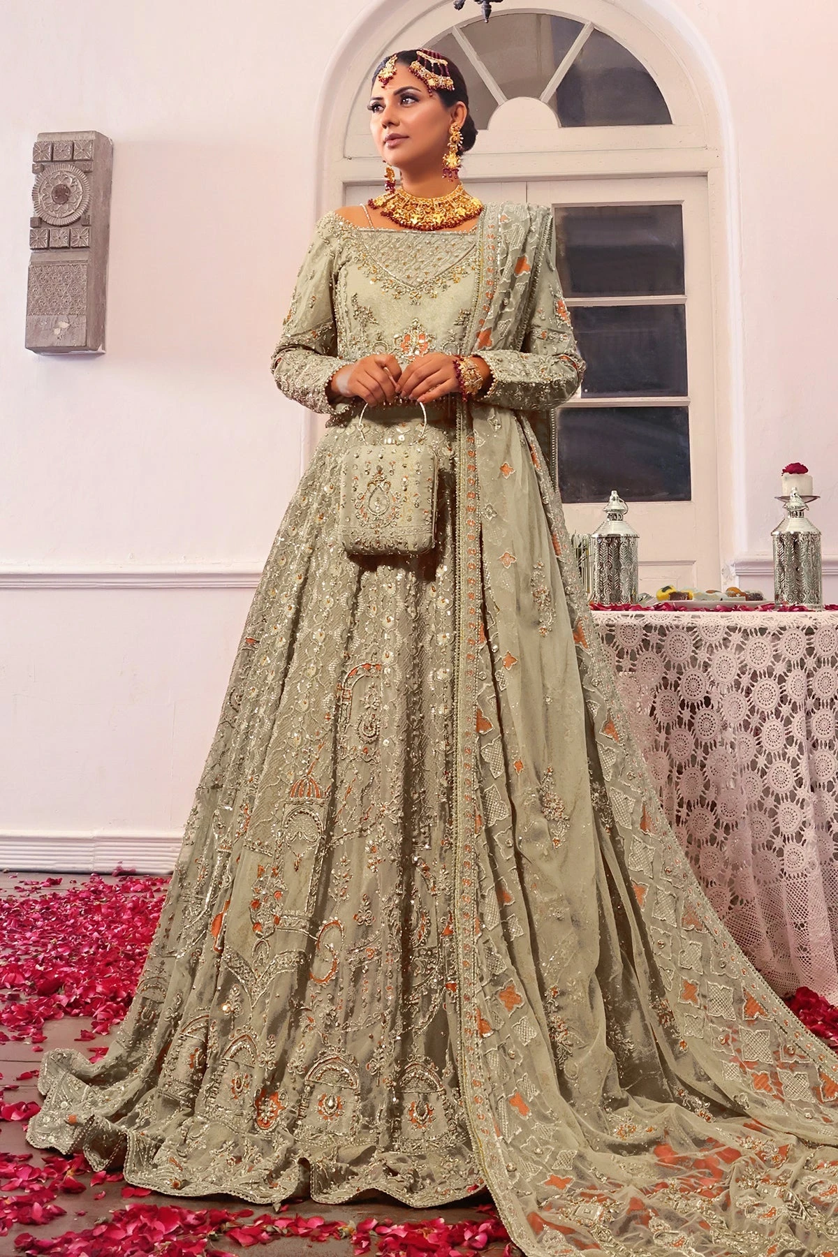 Pakistani Bridal Dress Beige Net Lehenga Choli For Bridal Wear 4 Pakistani Bridal Dress Beige Net Lehenga Choli For Bridal Wear - Image 2
