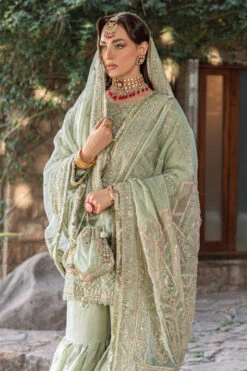 Pakistani Bridal Dress Pistachio Green Short Shirt With Gypsy Gharara -LuxPak Bridal Studio Store Pakistani Bridal Dress Pistachio Green Shirt with Gypsy Gharara