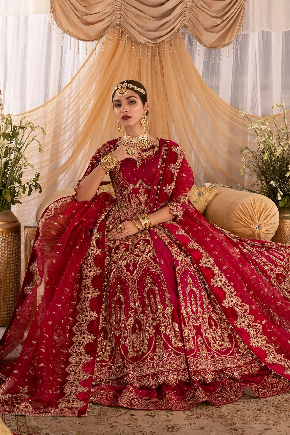 Pakistani Bridal Dress Red Front Open Lehenga Frock For Bridal Wear - Image 3