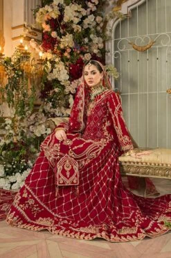 Pakistani Bridal Dress Deep Red Long Shirt With Tail Long Lehenga -LuxPak Bridal Studio Store Pakistani Bridal Dress Red Long Shirt With Tail Long Lehenga