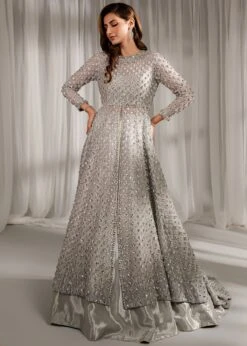 Pakistani Bridal Dress Silver Gown Lehenga And Veil