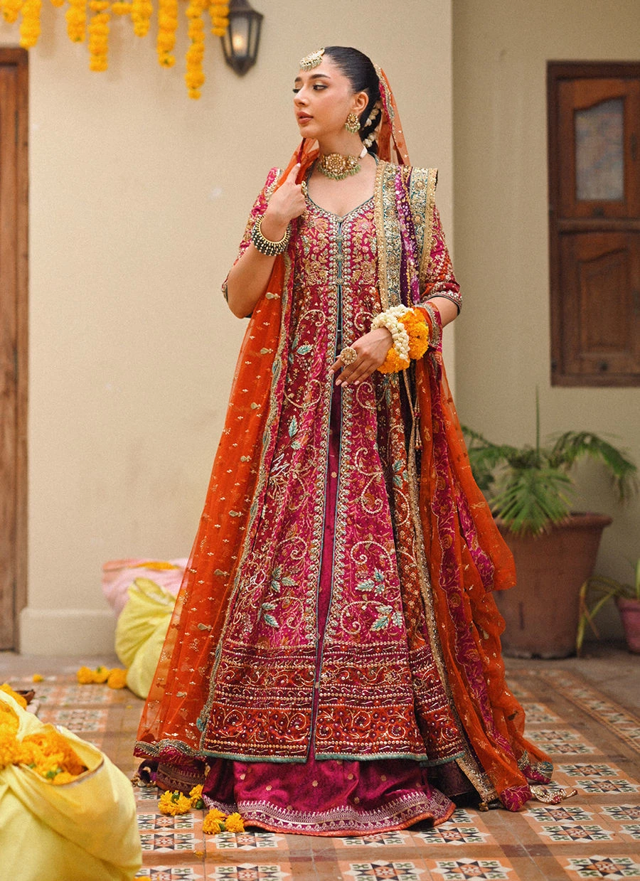 Pakistani Red Color Kalidaar Heavy Embroidered Bridal Lehenga
