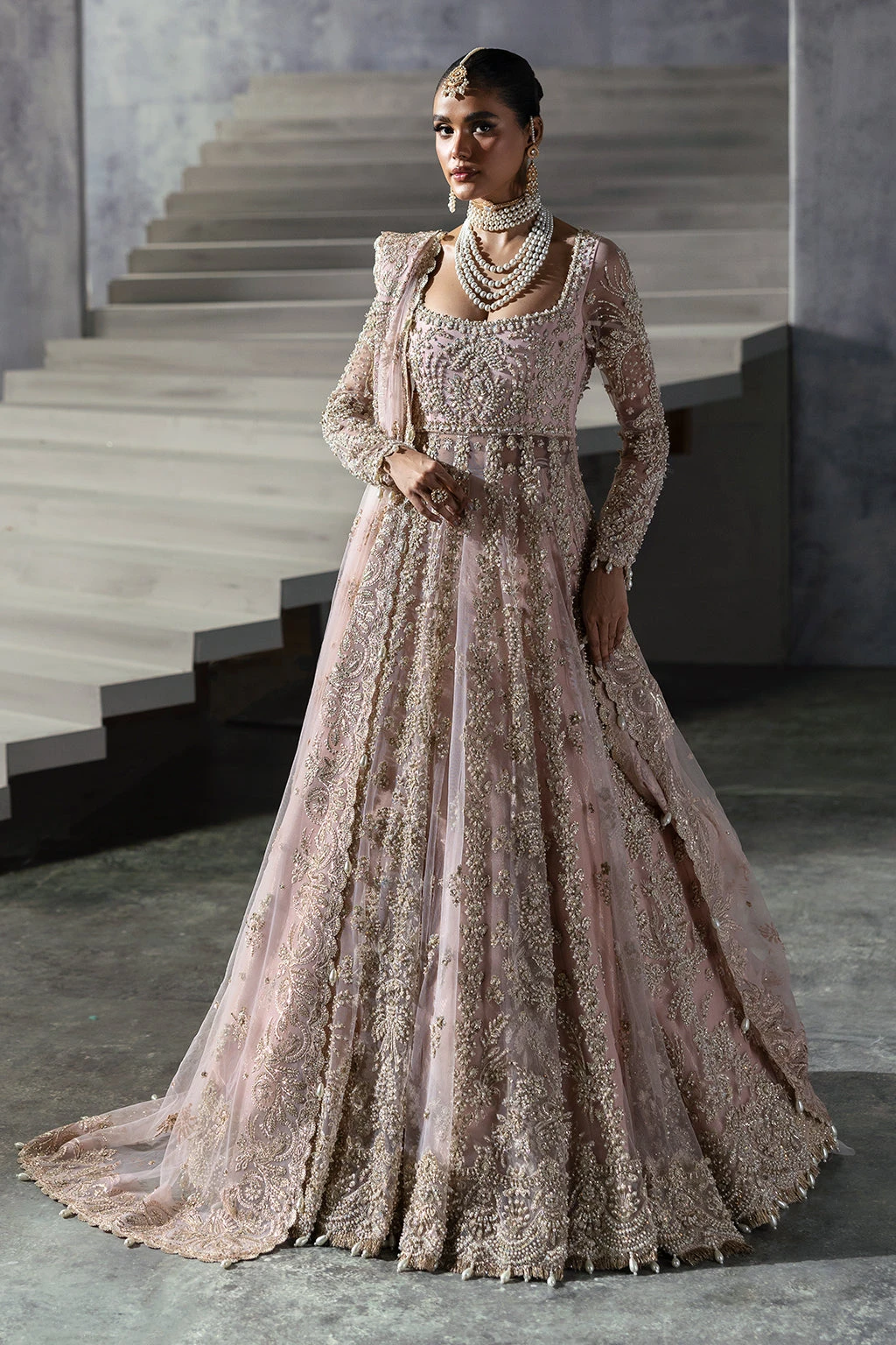 Powder Pink Pakistani Bridal Dress In Pishwas Style 6 Powder Pink Pakistani Bridal Dress In Pishwas Style - Image 4