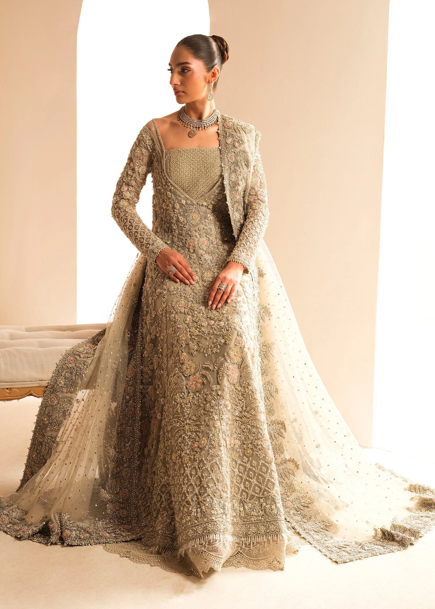 Gown Lehenga Style Silver Grey Pakistani Bridal Dress 7 Gown Lehenga Style Silver Grey Pakistani Bridal Dress - Image 5