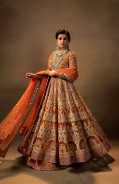 Orange Pakistani Bridal Dress In Pishwas Lehenga Style -LuxPak Bridal Studio Store PremiumOrangePakistaniBridalDressinPishwasLehengaStyle