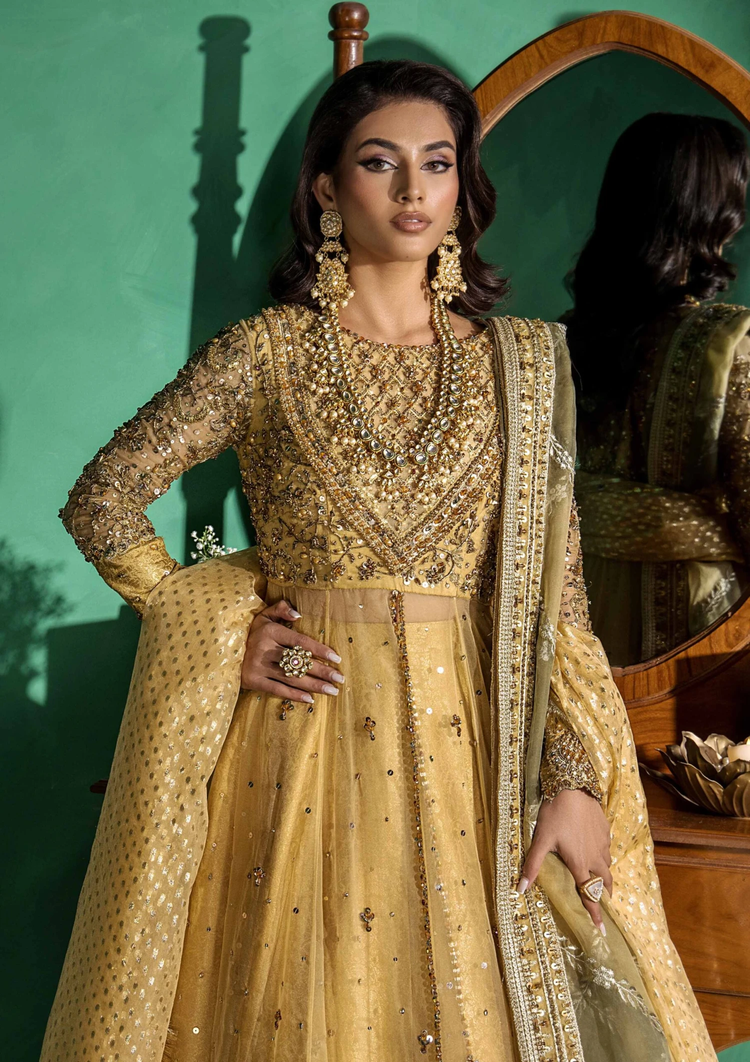 Pakistani Bridal Mehndi Dress In Yellow Pishwas Style 4 Pakistani Bridal Mehndi Dress In Yellow Pishwas Style - Image 2