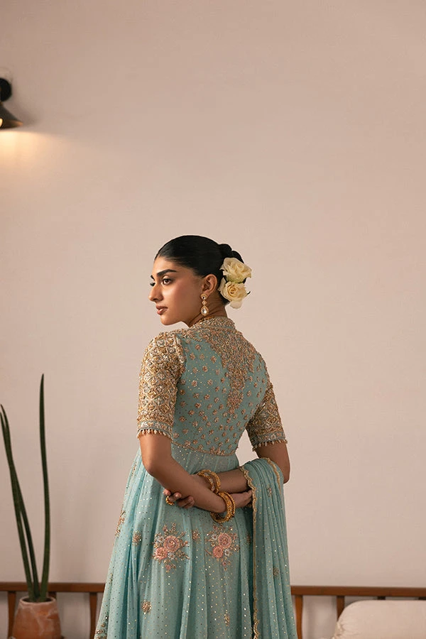 Pakistani Wedding Dress In Blue Pishwas Frock Style 4 Pakistani Wedding Dress In Blue Pishwas Frock Style - Image 2