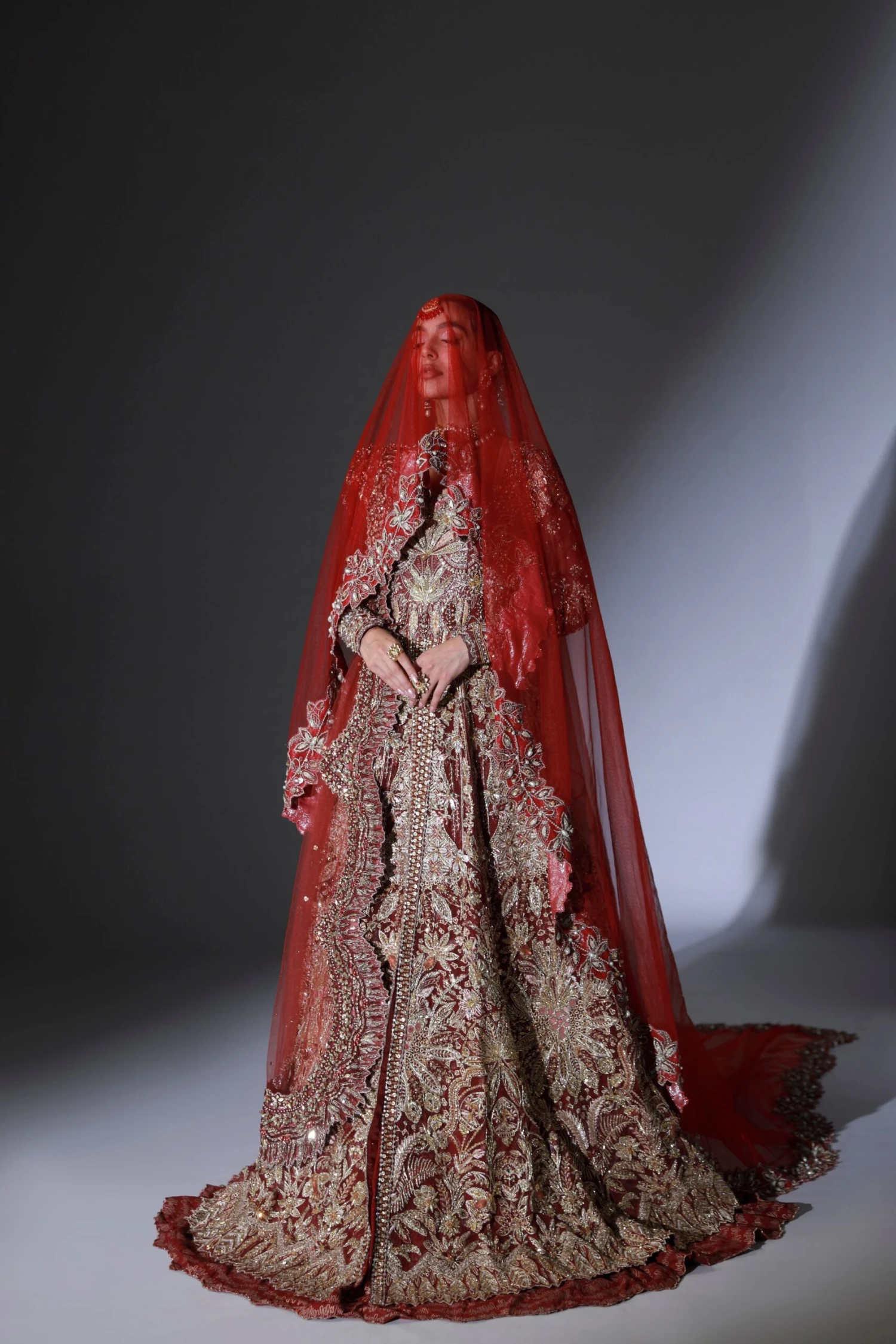 Red Pakistani Bridal Dress In Open Gown Lehenga Style 4 Red Pakistani Bridal Dress In Open Gown Lehenga Style - Image 2