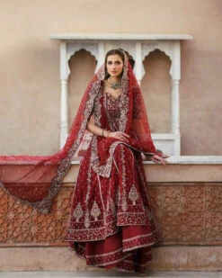 Red Pakistani Bridal Dress In Sharara And Shirt Style -LuxPak Bridal Studio Store PremiumRedPakistaniBridalDressinShararaandShirtStyle