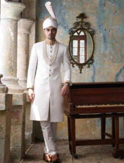 Printed Men Off White Sherwani For Groom Wear #GN104 -LuxPak Bridal Studio Store PrintedMenOffWhiteSherwaniforGroom