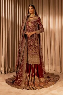 Red Pakistani Bridal Dress In Kameez And Lehenga Style