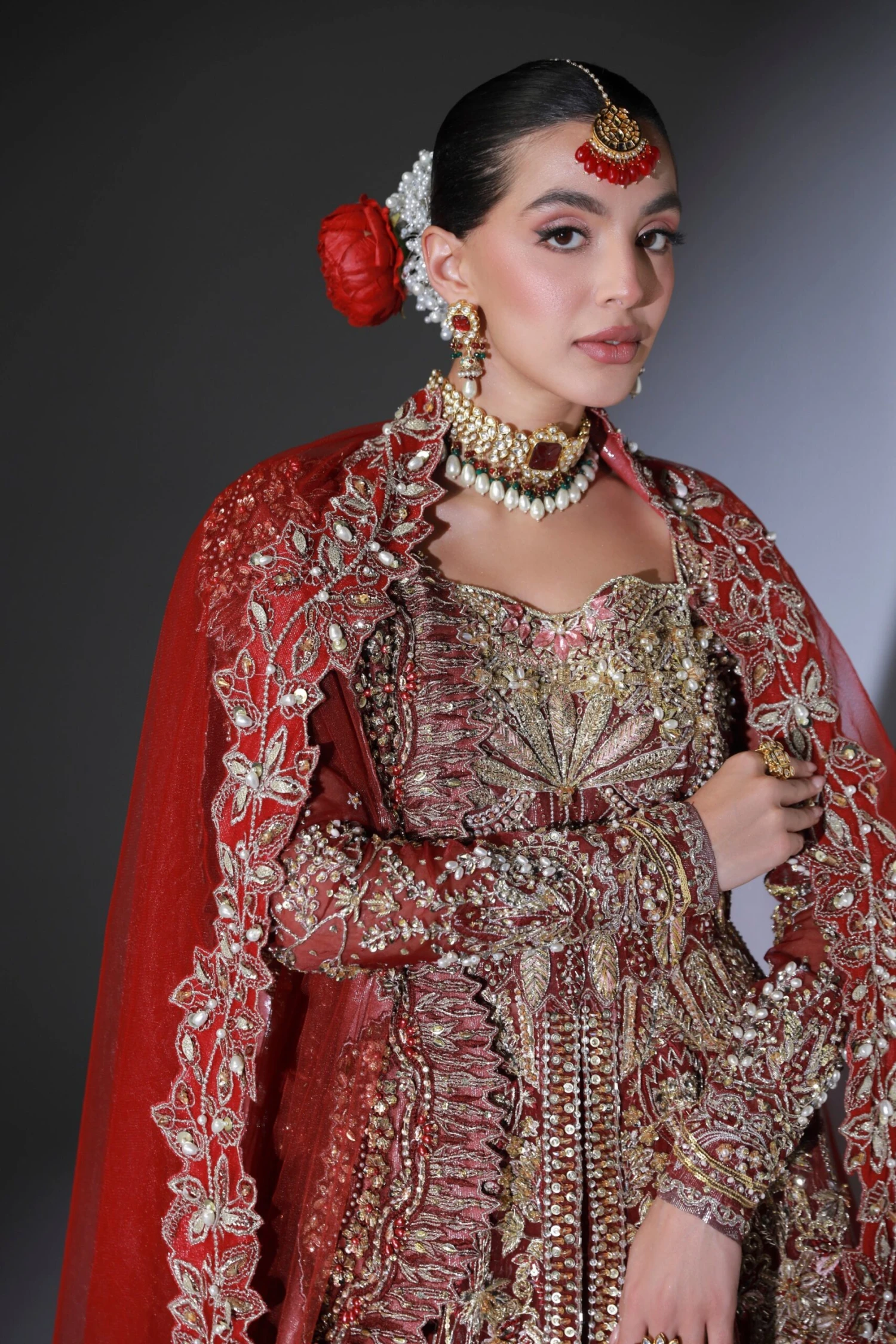 Red Pakistani Bridal Dress In Open Gown Lehenga Style 7 Red Pakistani Bridal Dress In Open Gown Lehenga Style - Image 5