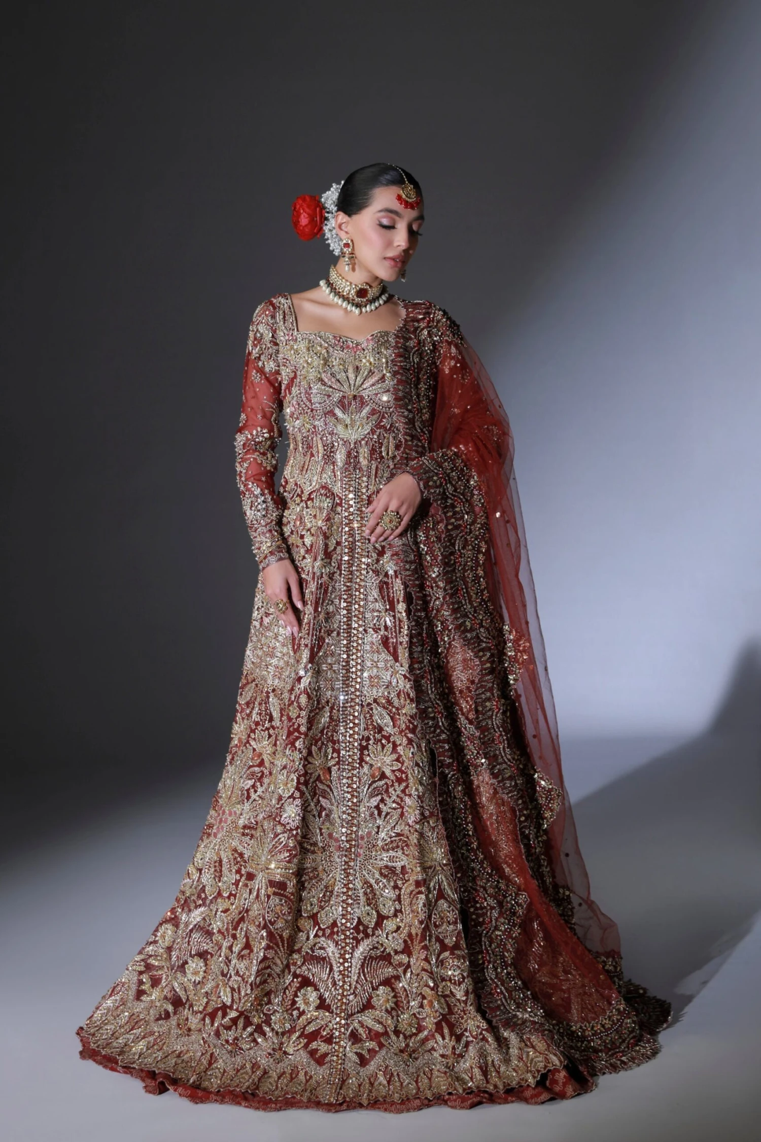Red Pakistani Bridal Dress In Open Gown Lehenga Style 3 Red Pakistani Bridal Dress In Open Gown Lehenga Style