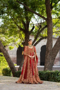 Red Pakistani Bridal Dress In Open Kameez Lehenga Style -LuxPak Bridal Studio Store RedPakistaniBridalDressinOpenKameezLehengaStyleOnline
