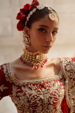 Red Pakistani Bridal Dress In Royal Lehenga Choli Style -LuxPak Bridal Studio Store RedPakistaniBridalDressinRoyalLehengaCholiStyleOnline