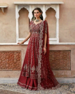Red Pakistani Bridal Dress In Sharara And Shirt Style