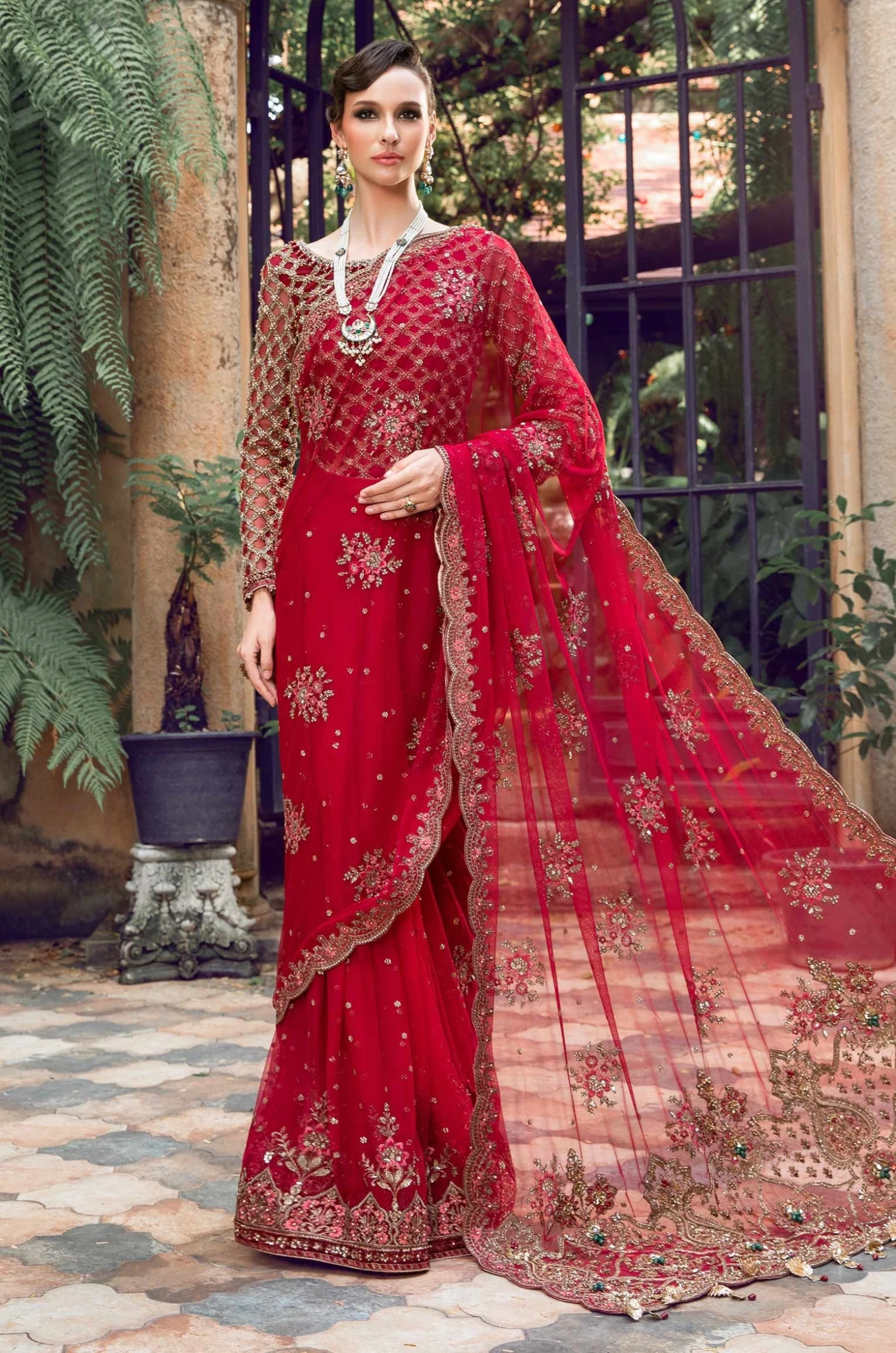 Red Pakistani Wedding Dress In Net Bridal Saree Style 3 Red Pakistani Wedding Dress In Net Bridal Saree Style