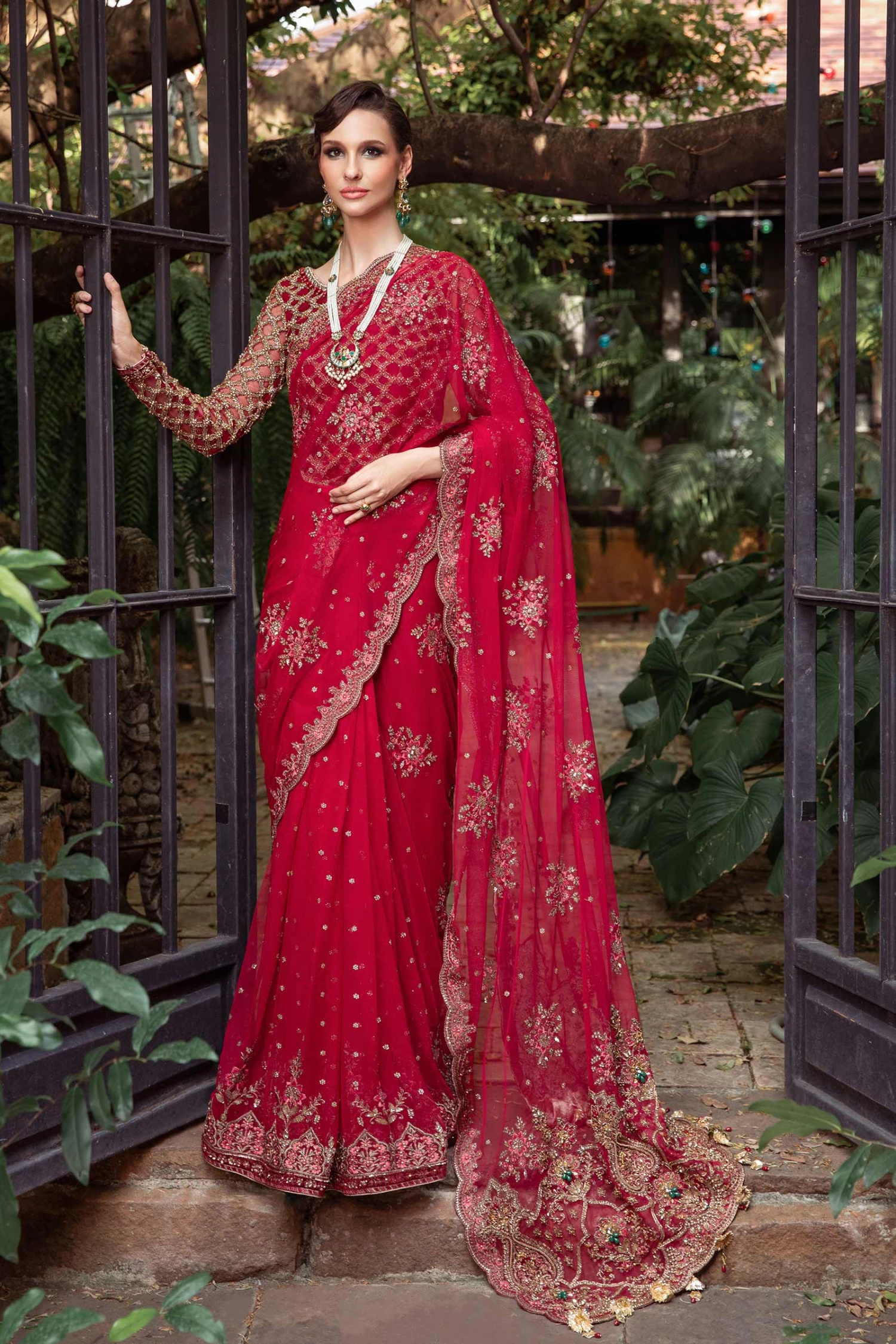 Red Pakistani Wedding Dress In Net Bridal Saree Style 7 Red Pakistani Wedding Dress In Net Bridal Saree Style - Image 5