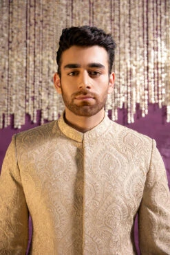 Royal Embroidered Beige Sherwani Pakistani Groom Dress -LuxPak Bridal Studio Store RoyalEmbroideredBeigeSherwaniPakistaniGroomDressOnline
