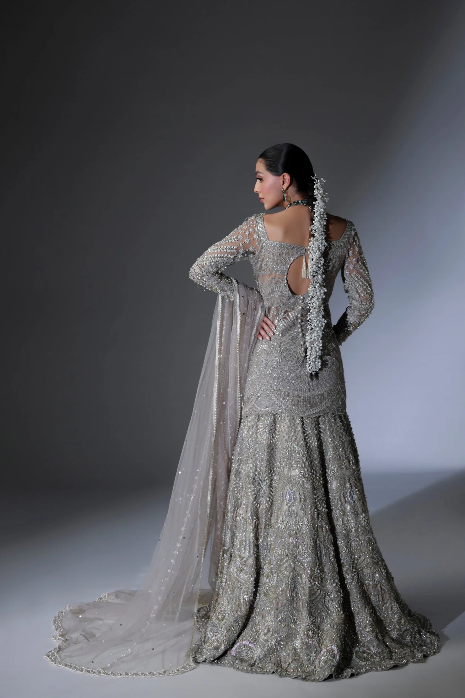 Net Pakistani Bridal Dress In Grey Lehenga Shirt Style 9 Net Pakistani Bridal Dress In Grey Lehenga Shirt Style - Image 7