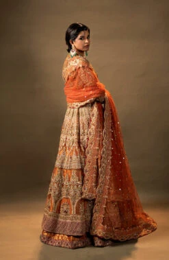 Orange Pakistani Bridal Dress In Pishwas Lehenga Style -LuxPak Bridal Studio Store RoyalOrangePakistaniBridalDressinPishwasLehengaStyle