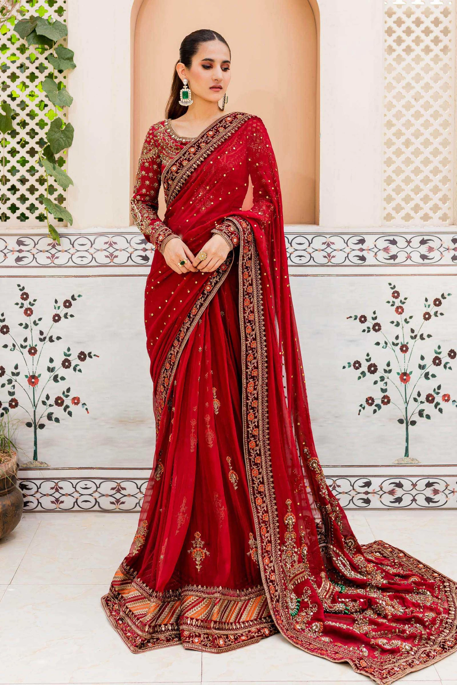 Royal Pakistani Bridal Dress In Deep Red Saree Style 3 Royal Pakistani Bridal Dress In Deep Red Saree Style