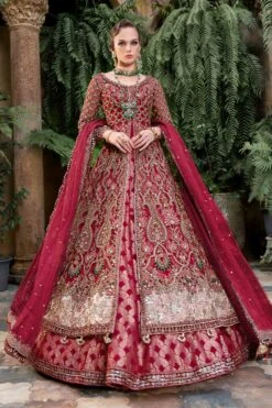 Royal Red Pakistani Bridal Outfit In Gown Lehenga Style