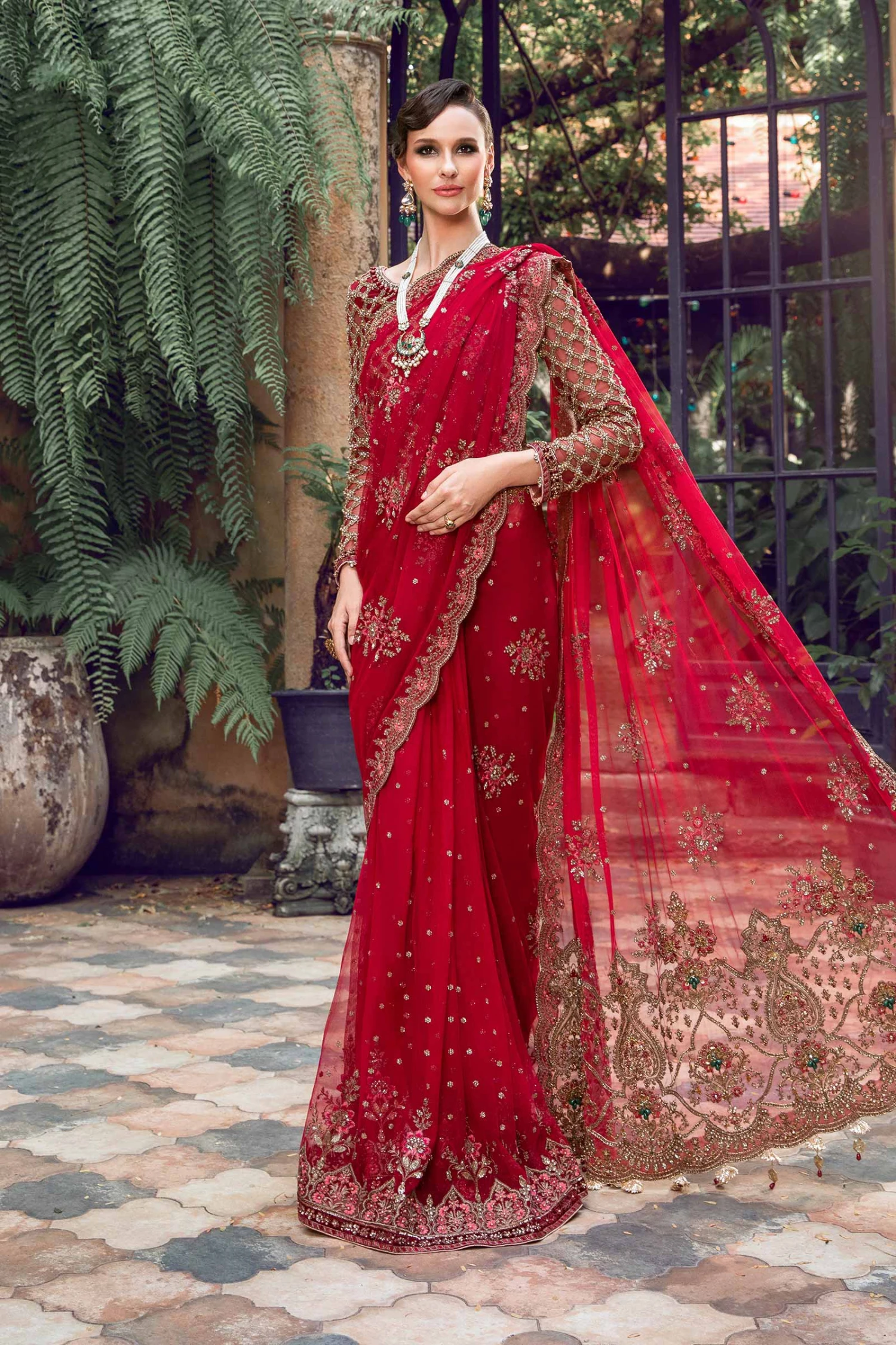 Red Pakistani Wedding Dress In Net Bridal Saree Style 4 Red Pakistani Wedding Dress In Net Bridal Saree Style - Image 2